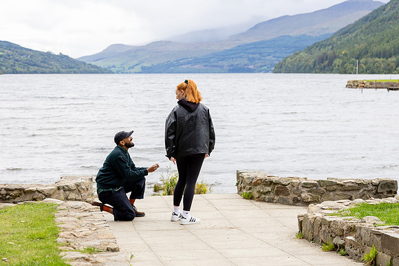 Marriage proposal photography on Kenmore Beach, Loch Tay, Perthshire