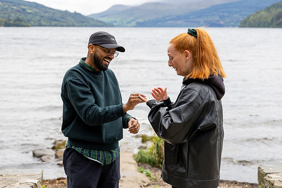 Marriage proposal photography on Kenmore Beach, Loch Tay, Perthshire