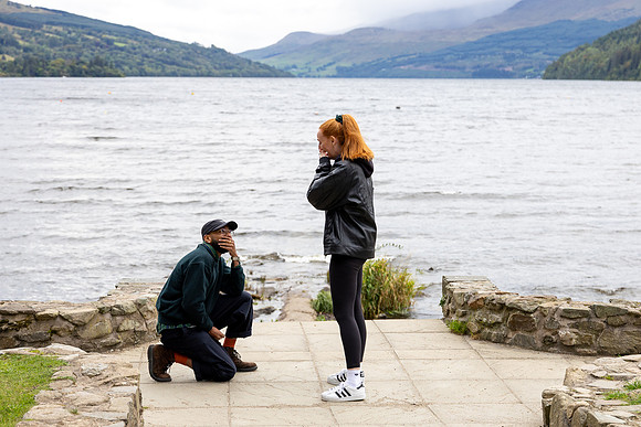 Marriage proposal photography on Kenmore Beach, Loch Tay, Perthshire