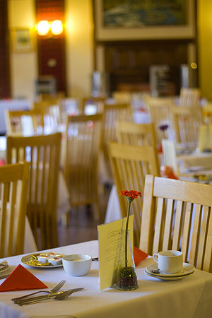 Closeup of  a table set for dinner at the Killin Hotel in Perthshire, Scotland.