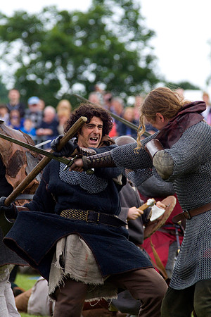 Picture of medieval knights fighting during a Battle of Bannockburn re-enactment near Stirling, Scotland.