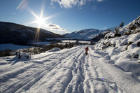 Picture shows a snowy Scottish mountain landscape with bright sunshine and two small children in the background, sledging.