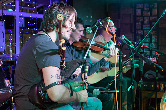 Musicians Ross Ainslie, Charlie McKerron and Marc Clement perform at the Bandstand Beer and Music Festival in Nairn (bagpipes, fiddle and guitar).