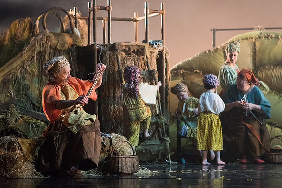 Adult and young dancers on stage during a performance of Rumpelstiltskin by Ballet Lorent, at Pitlochry Festival Theatre, Perthshire, Scotland.