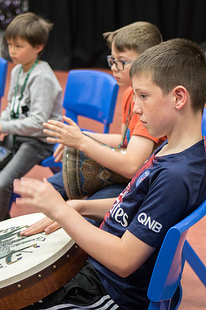 Students taking part in a percussion workshop at the Feis Thatha in Aberfeldy, Perthshire, Scotland.